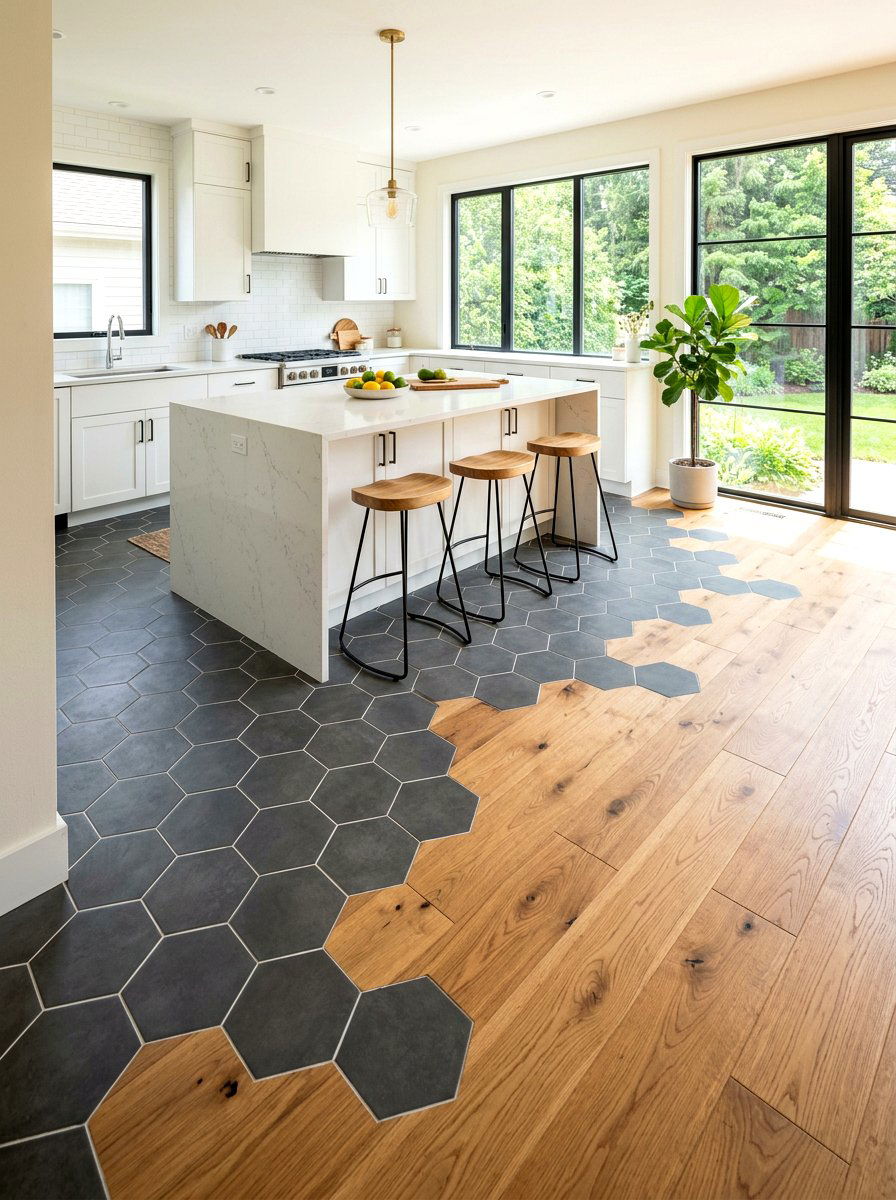 Hexagon tile transition floor - 30 niche tile contrast ideas