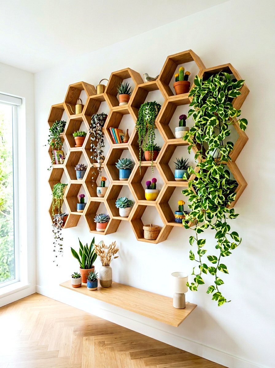 Hexagon wall shelf decor - 30 bathroom plant shelf ideas