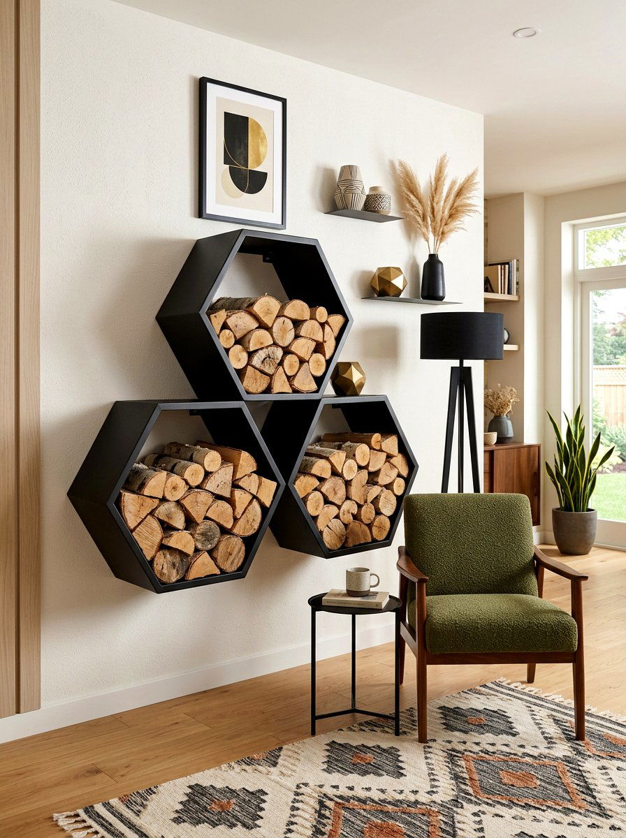 Hexagon wall wood storage - 30 log holder ideas