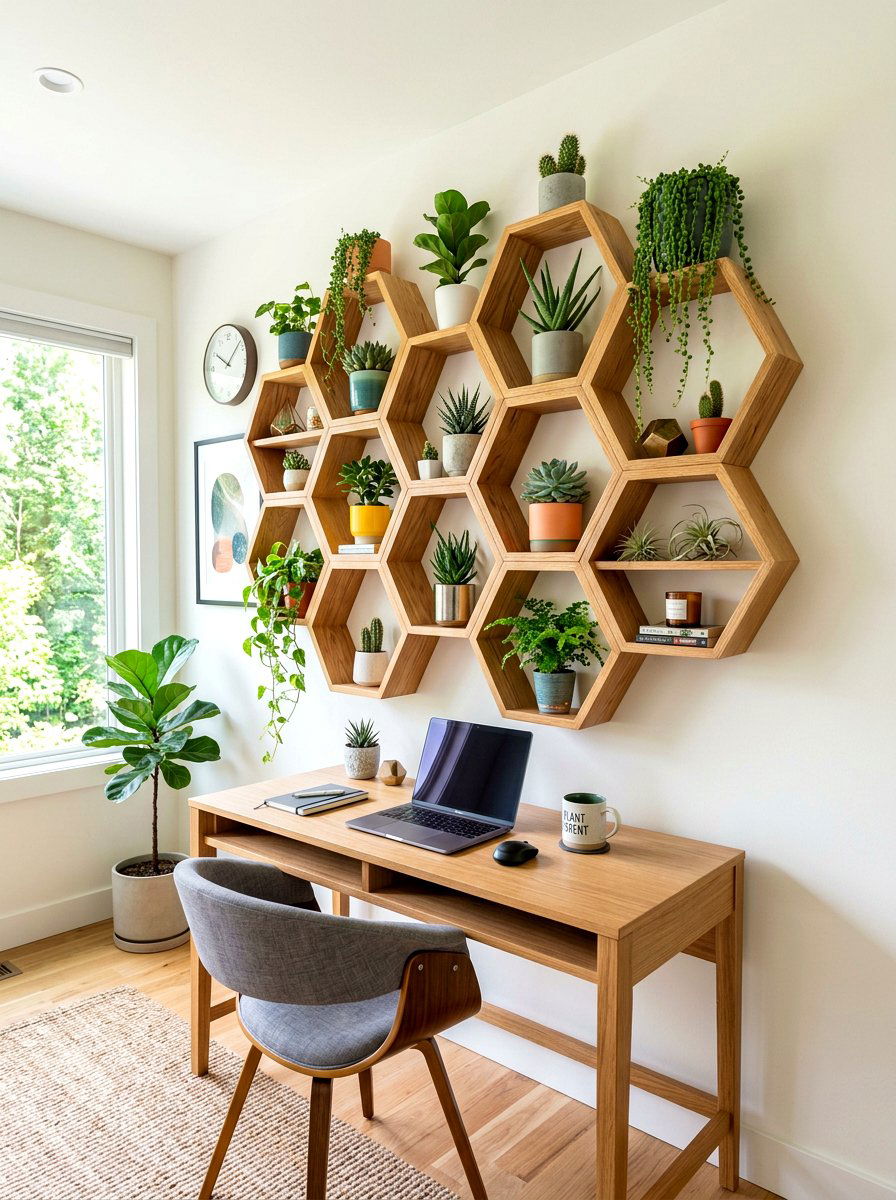 Hexagon wood plant shelf - 30 indoor plant wall ideas
