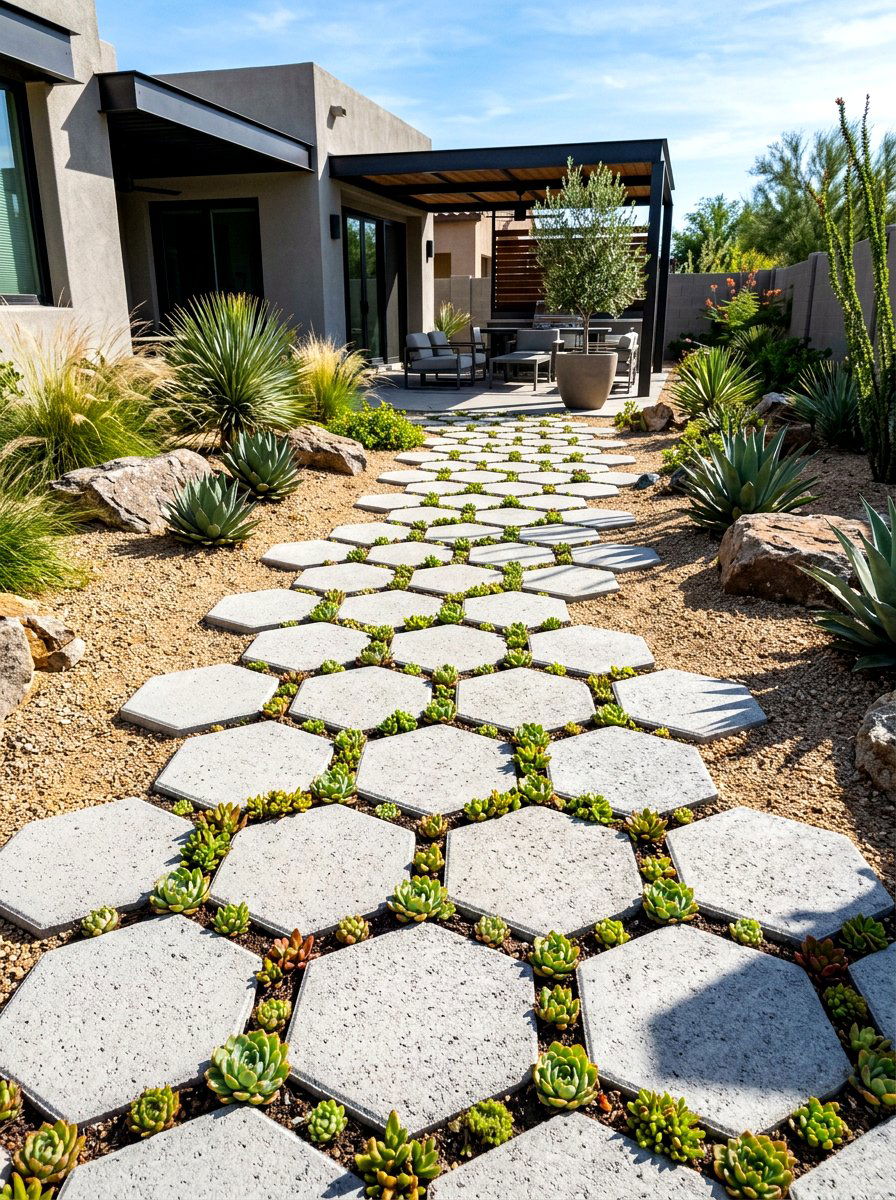 Hexagonal Stone Path - 30 stepping stone backyard path ideas