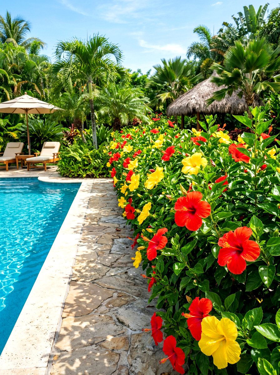 Hibiscus flower border - 30 tropical pool landscaping ideas