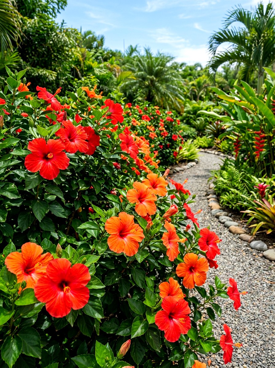 Hibiscus flower border - 30 tropical landscaping ideas
