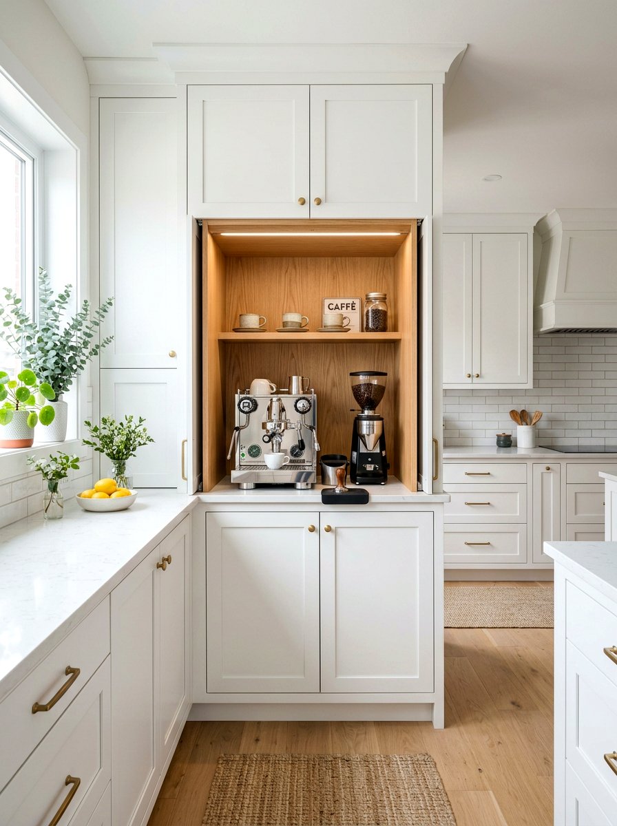 Hidden Appliance Garage Coffee Nook - 30 coffeehouse kitchen corner ideas