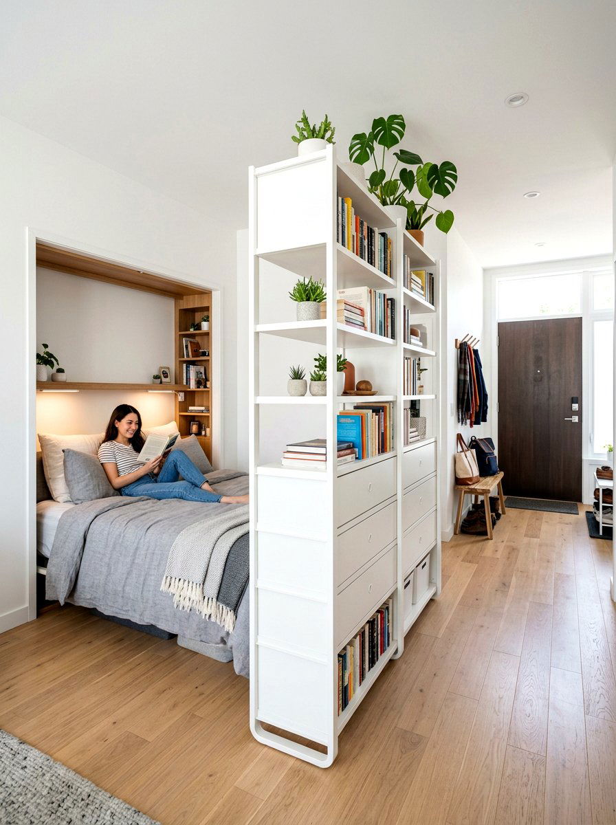 Hidden Bed Behind Storage - 30 studio sleeping nook ideas