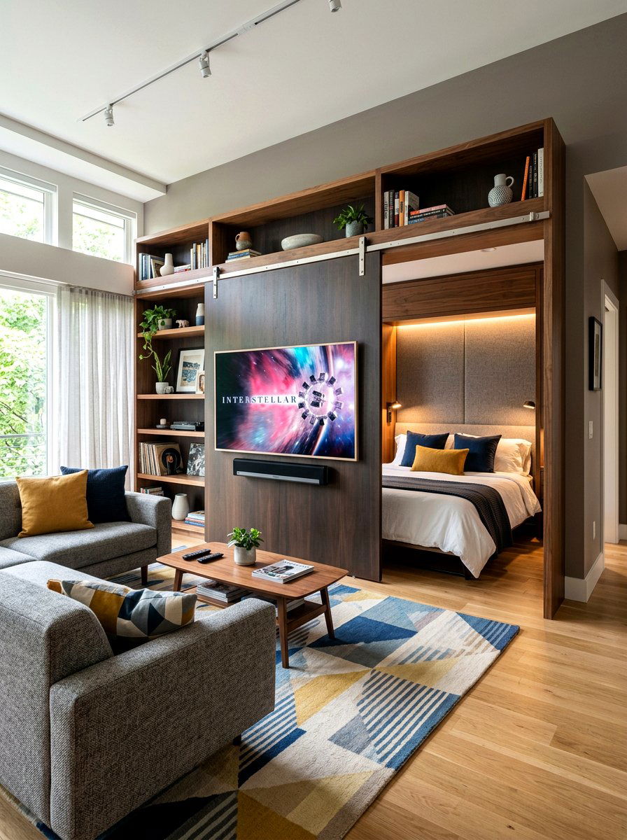 Hidden Bed Behind TV - 30 fold out bed room ideas