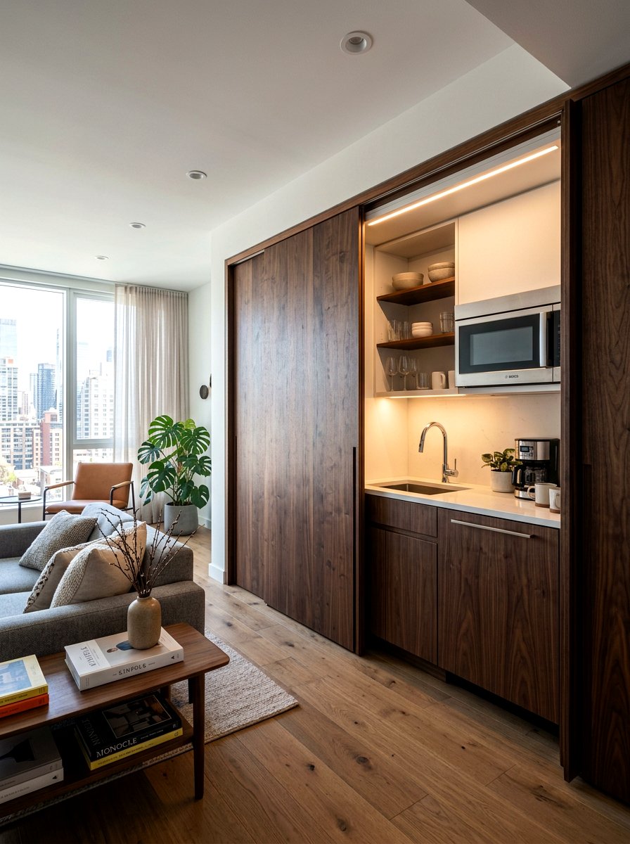 Hidden Cabinet Kitchenette - 30 studio kitchenette ideas