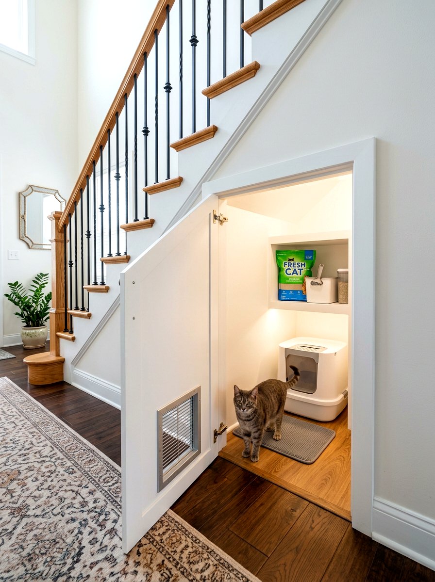 Hidden Cat Bathroom - 30 under staircase pet nook ideas