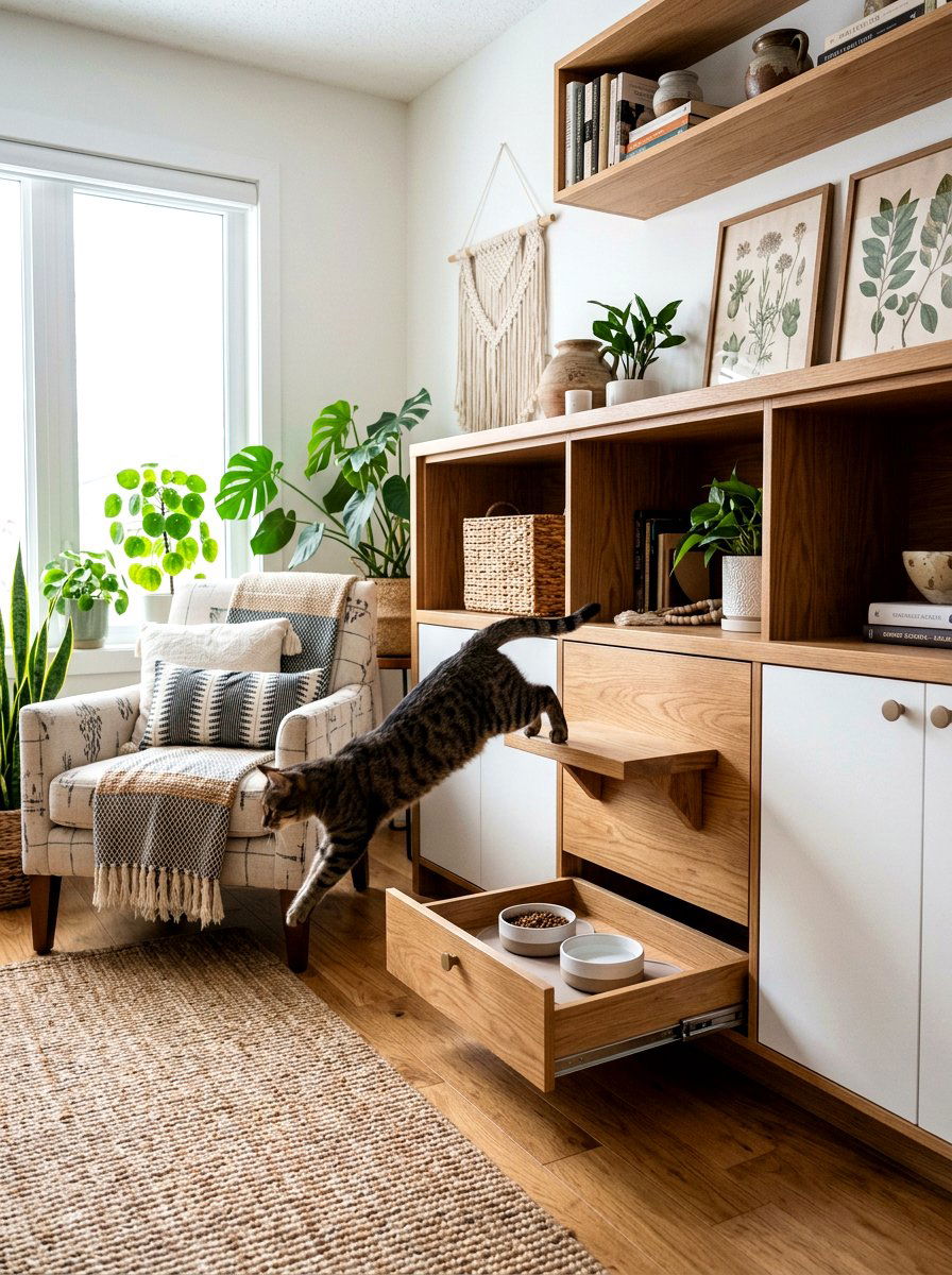 Hidden Cat Food Drawer Station - 30 pet feeding drawer ideas aesthetic