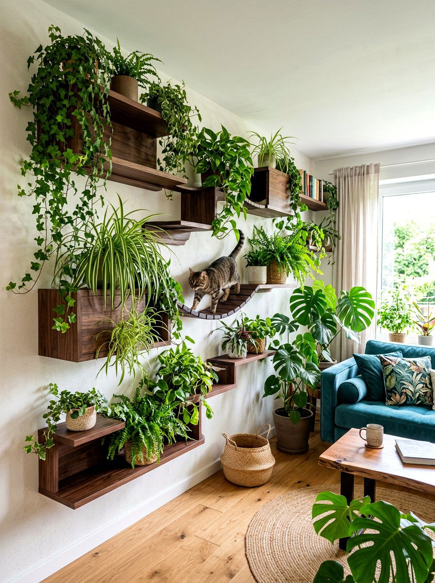 Hidden Cat Step Wall With Plants - 30 cat shelf wall ideas