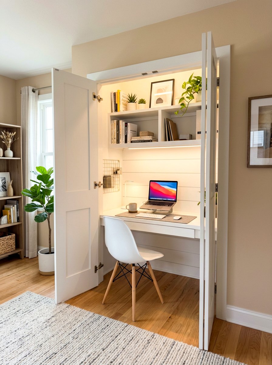 Hidden Desk Closet Office - 30 calm neutral office ideas