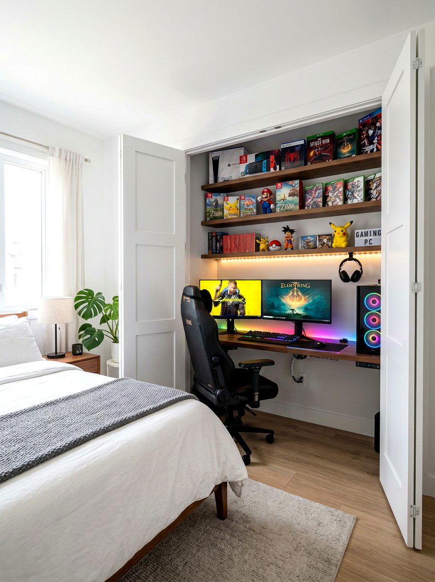 Hidden Gaming Desk In Closet - 30 gamer bedroom ideas