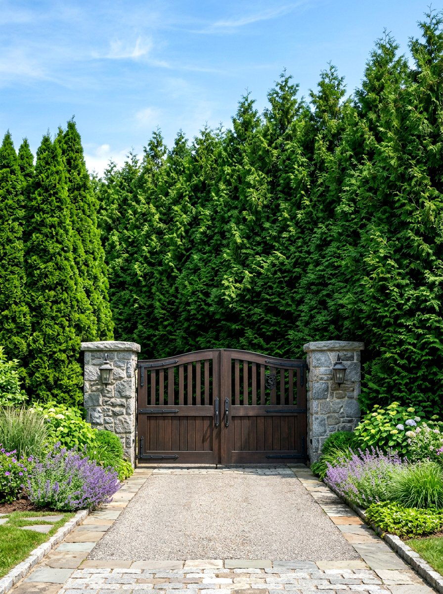 Hidden Gate Behind Evergreen Privacy Screen - 30 driveway gate landscaping ideas