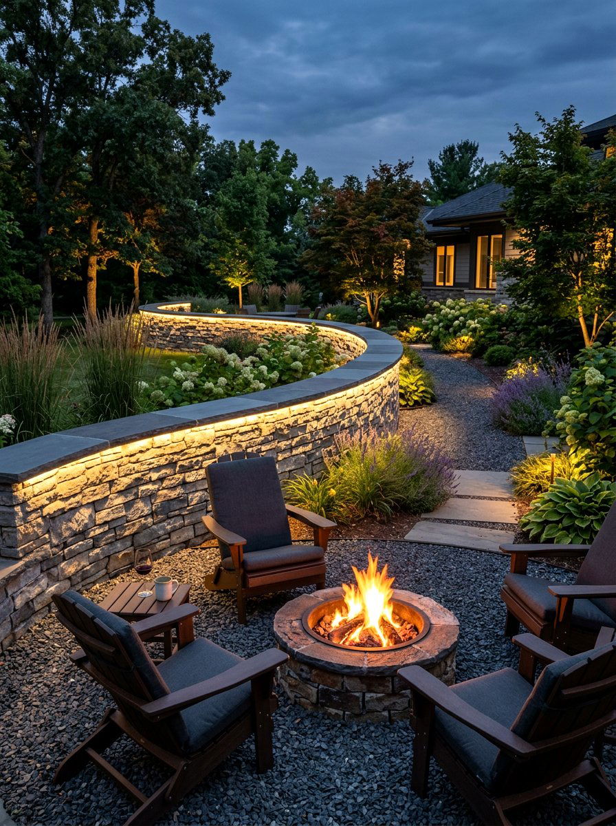 Hidden LED Strips Fire Pit Wall - 30 fire pit lighting ideas
