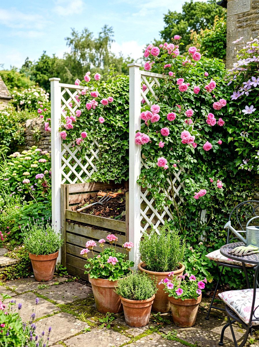 Hidden Lattice Screen Compost - 30 compost corner ideas
