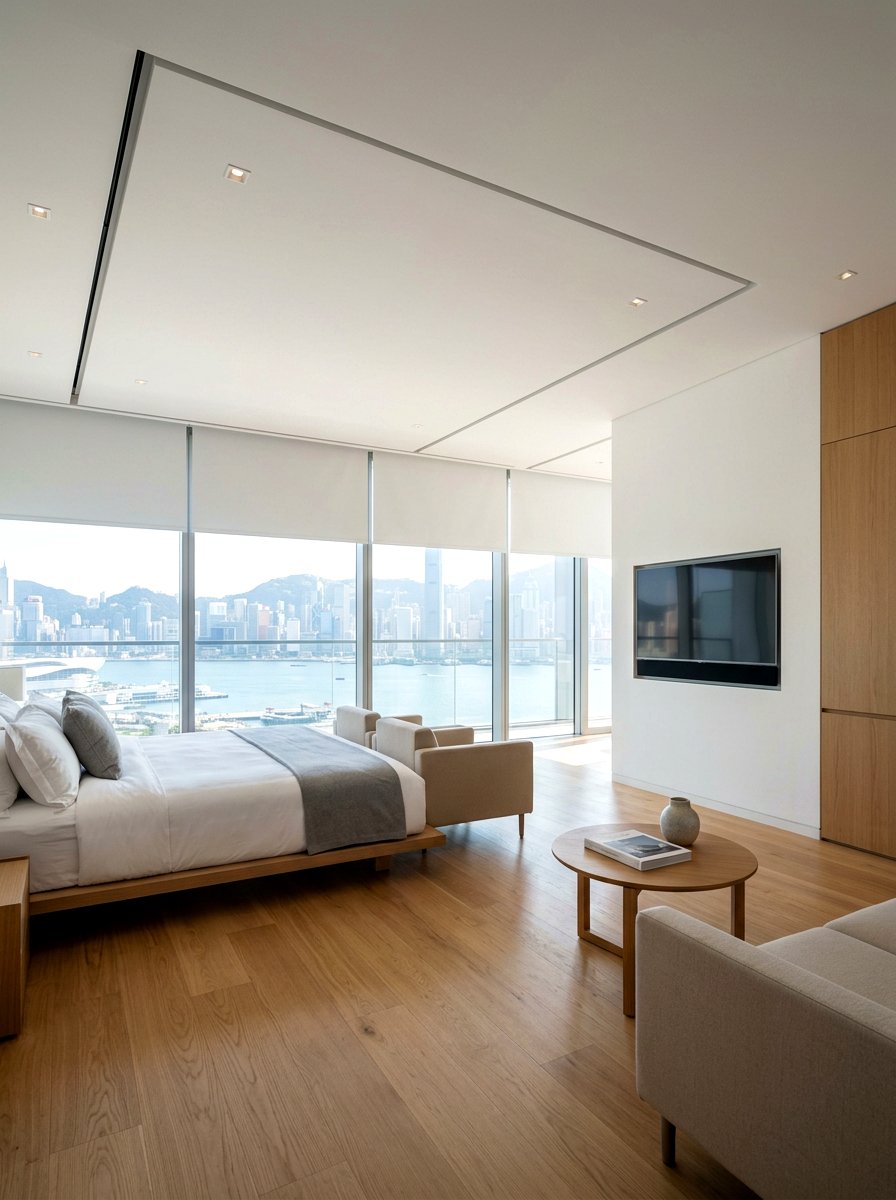 Hidden Motorized Shades Minimalist Suite - 30 smart shade bedroom ideas