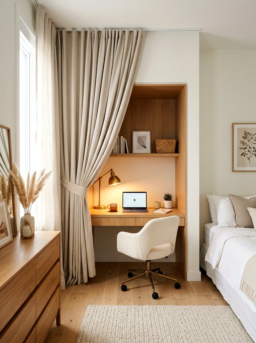 Hidden Office Behind Curtains - 30 cloffice apartment ideas