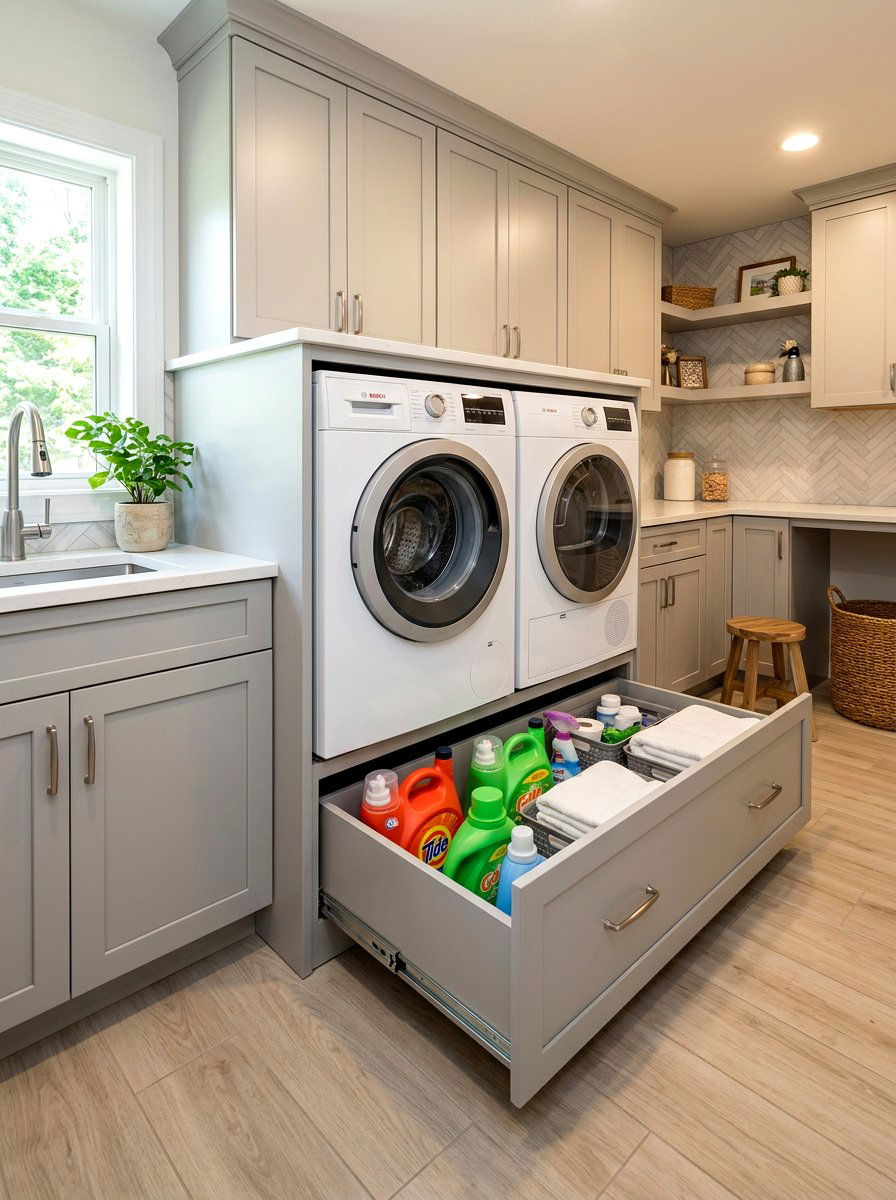 Hidden Pedestal Storage Drawer - 30 laundry room cabinet ideas