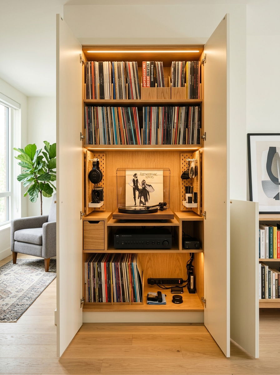 Hidden Record Player Closet Setup - 30 vinyl listening corner ideas