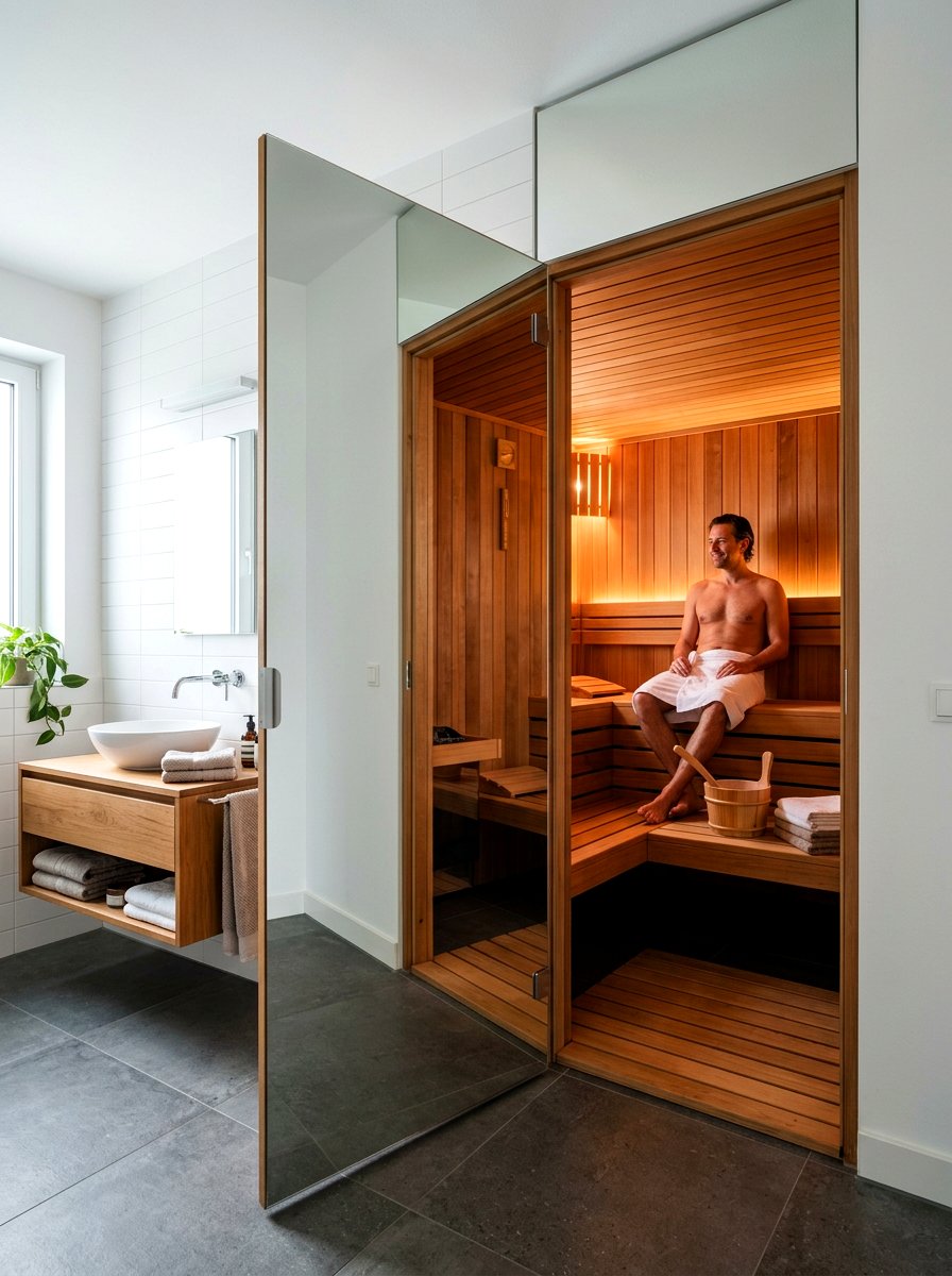 Hidden Sauna Behind Mirror Door - 30 sauna inspired bathroom ideas