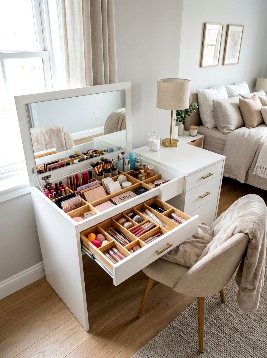 Hidden Storage Makeup Desk - 30 walk in closet vanity ideas