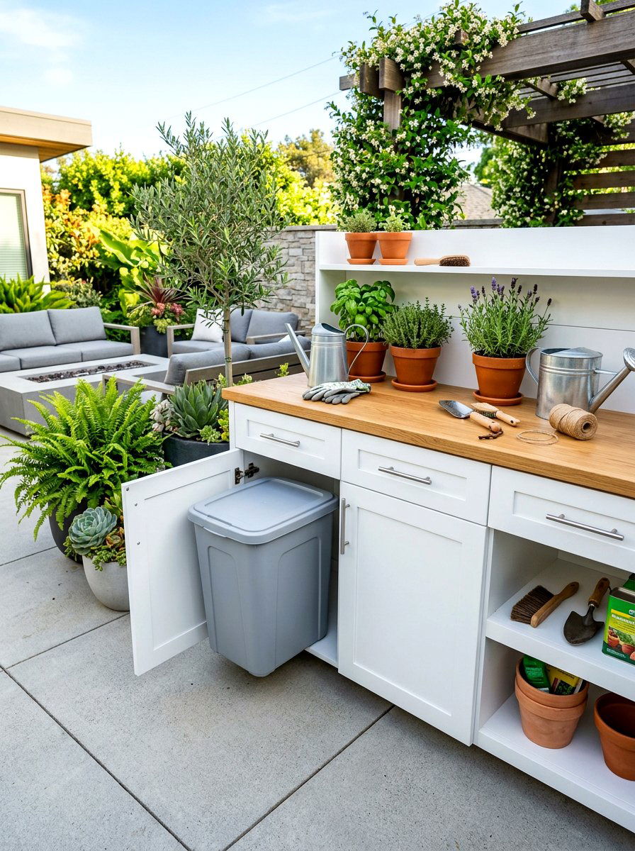 Hidden Trash Can - 30 potting bench storage ideas