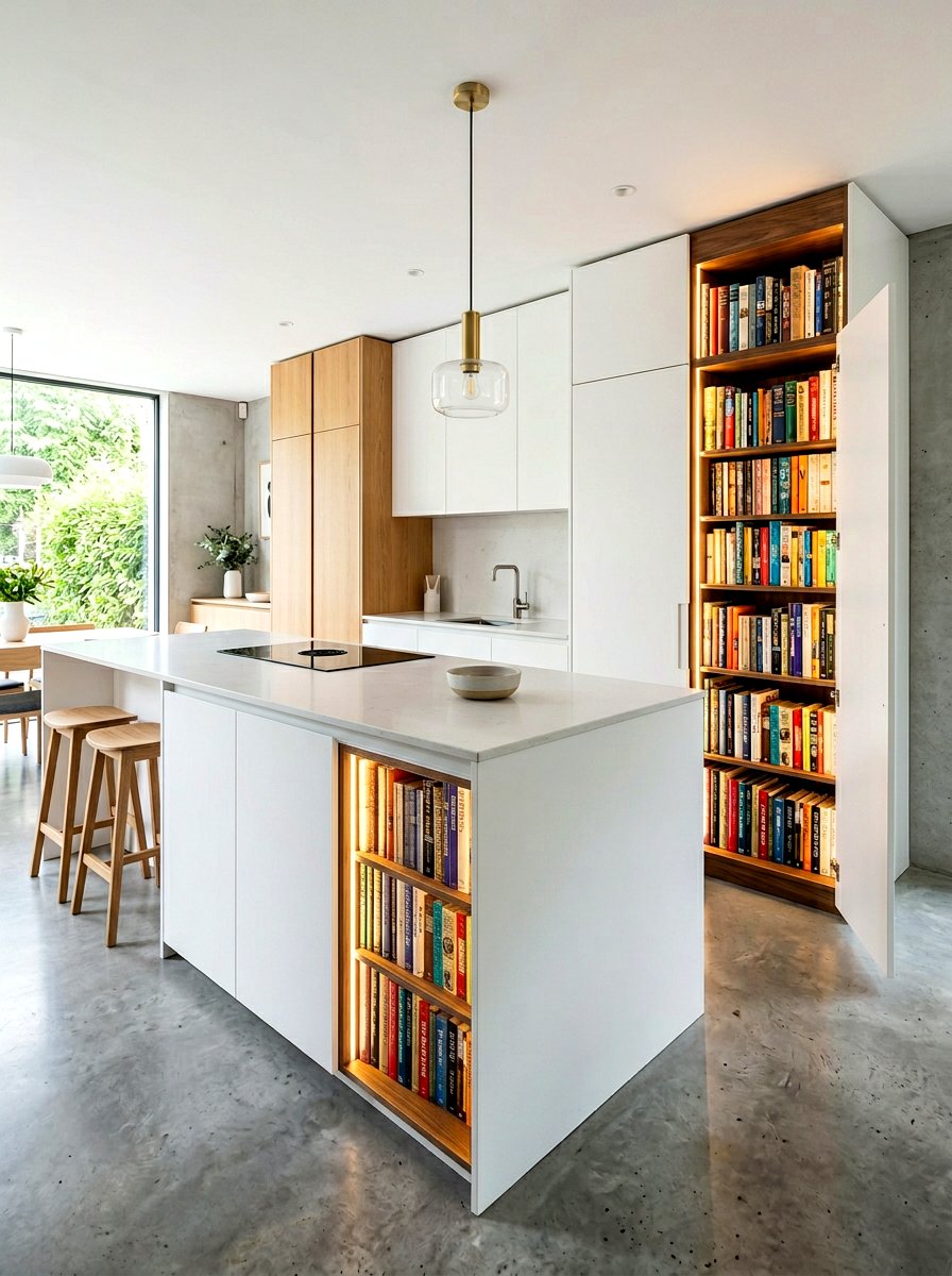 Hidden bookshelf behind island doors - 30 island bookshelf ideas