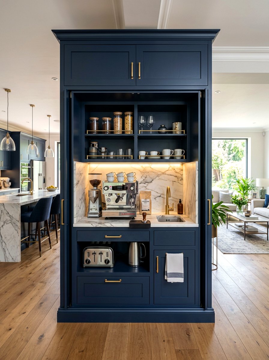 Hidden breakfast station behind pocket doors - 30 breakfast station cabinet ideas