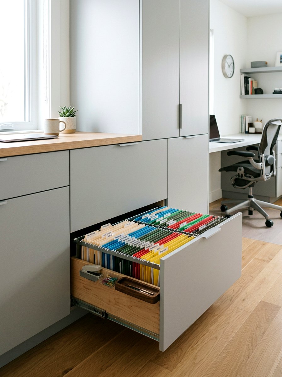 Hidden cabinet storage - 30 paper clutter organization ideas