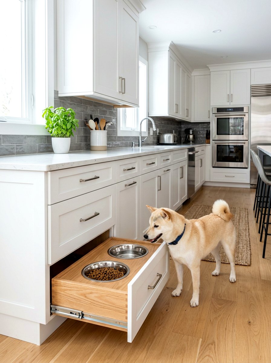 Hidden dog feeding station - 30 Pinterest dog room ideas