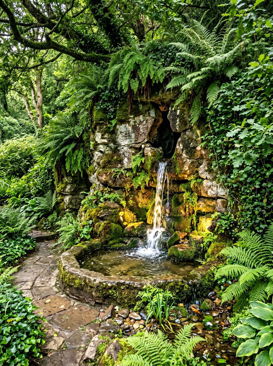 Hidden grotto fountain - 30 courtyard fountain garden ideas