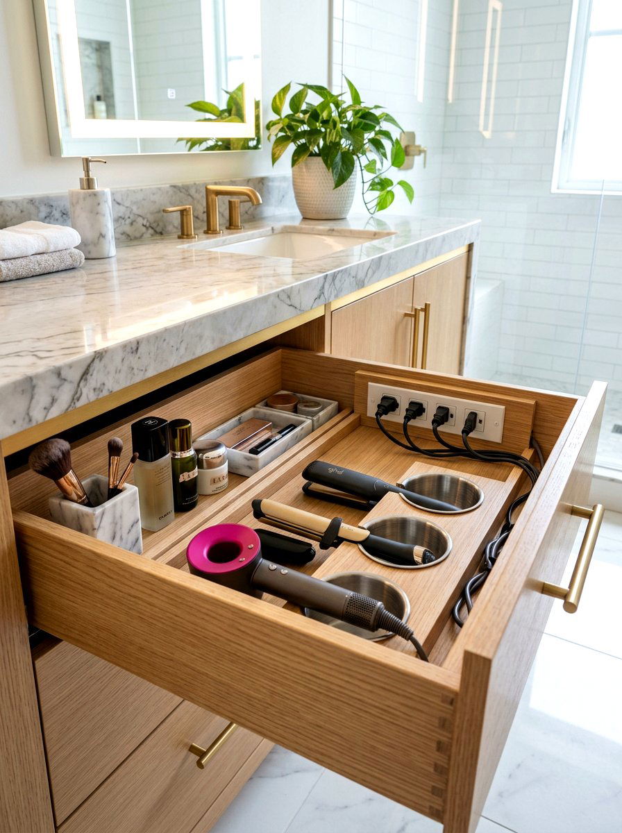 Hidden hair tool drawer power outlet - 30 hair tool storage ideas