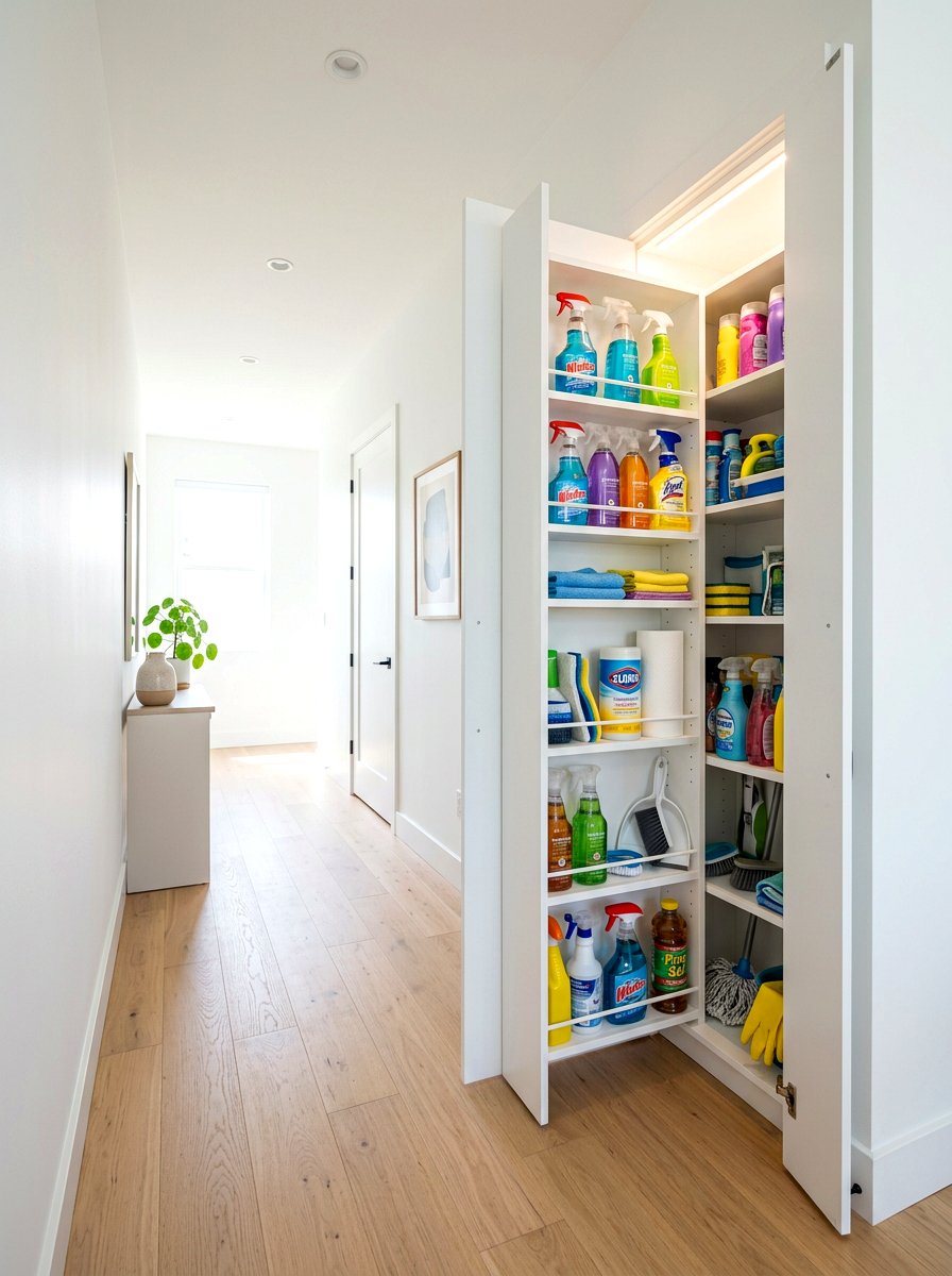 Hidden hallway storage niche - 30 green cleaning station ideas