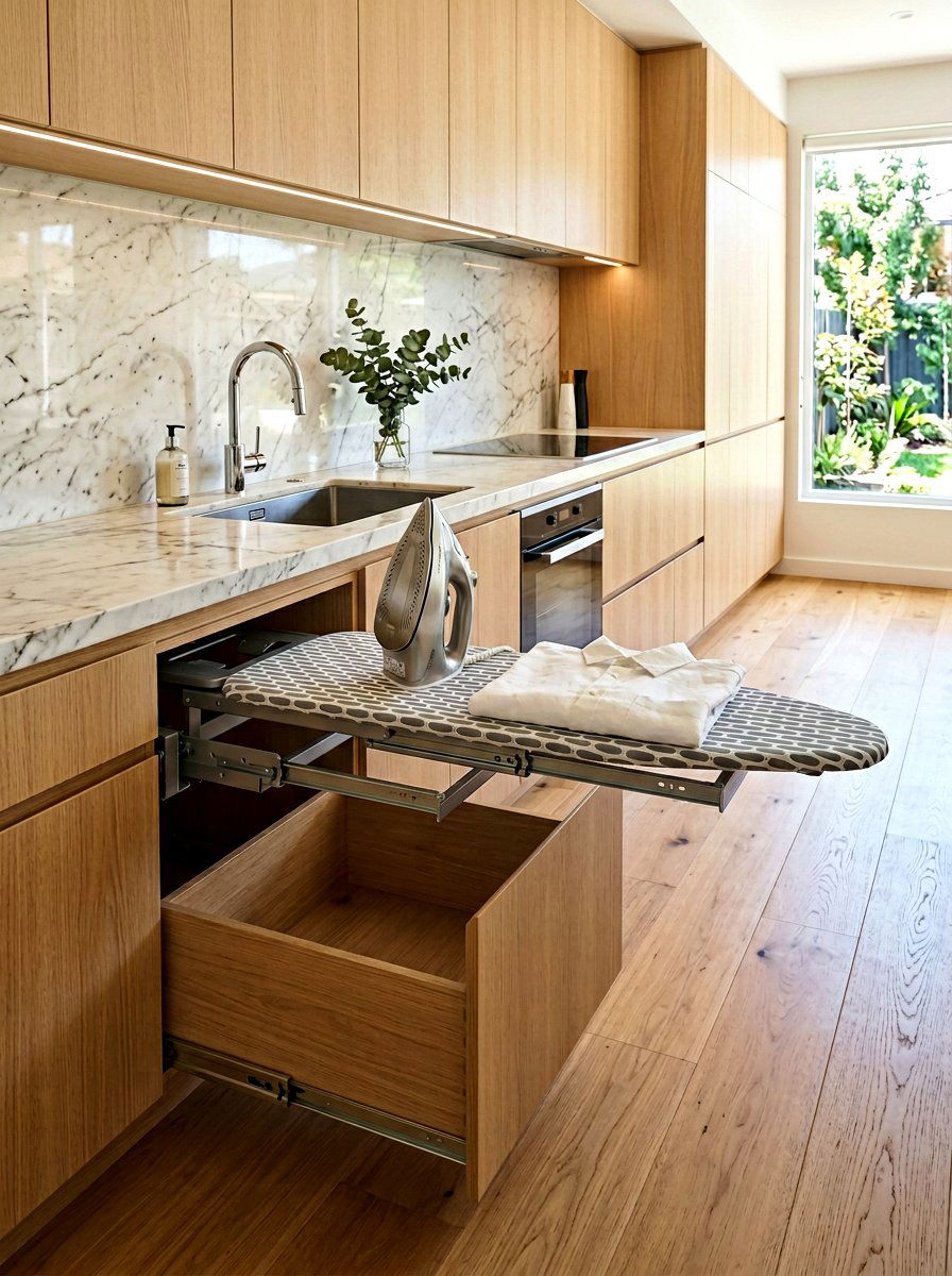 Hidden ironing board in kitchen drawer - 30 ironing board storage ideas
