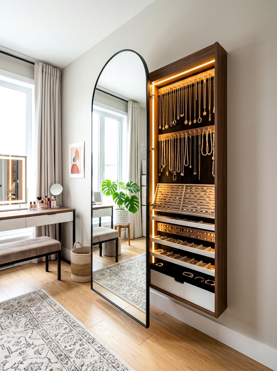 Hidden jewelry cabinet - 30 minimalist bedroom storage ideas