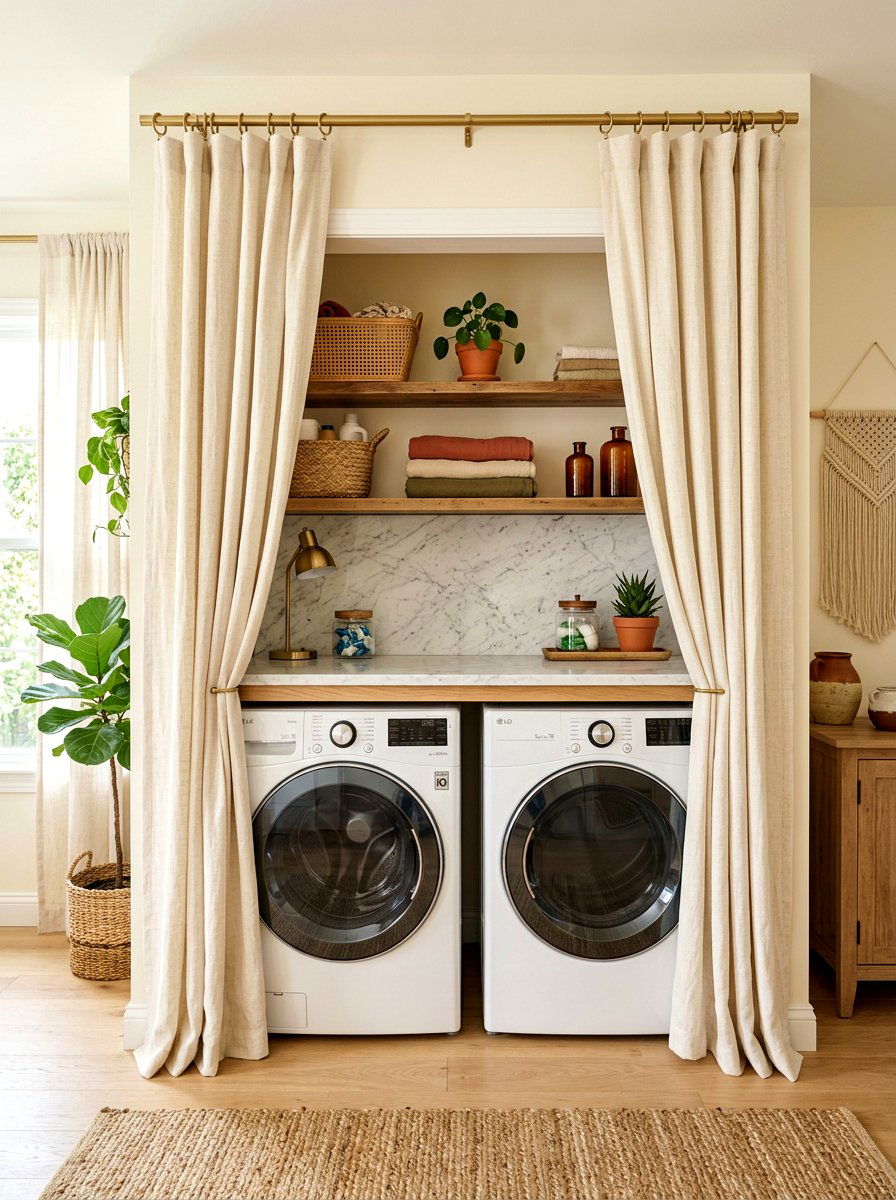 Hidden laundry behind curtains - 30 washer dryer enclosure ideas
