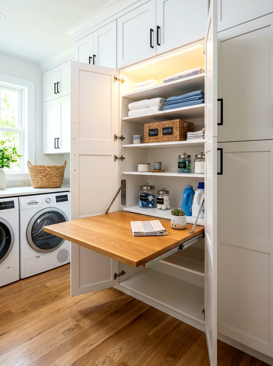 Hidden laundry folding table in cabinet - 30 laundry room folding station ideas