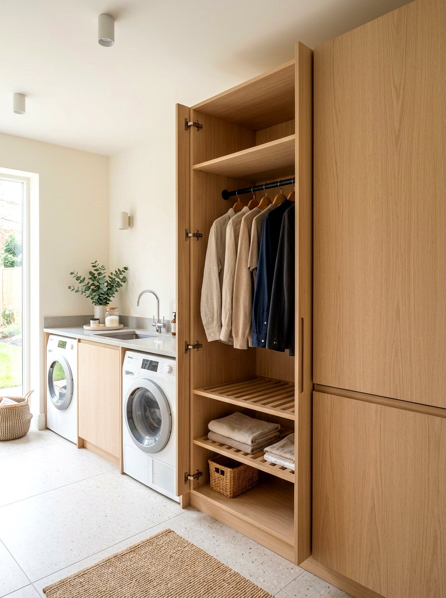 Hidden laundry rod inside cabinet - 30 laundry room hanging rod ideas