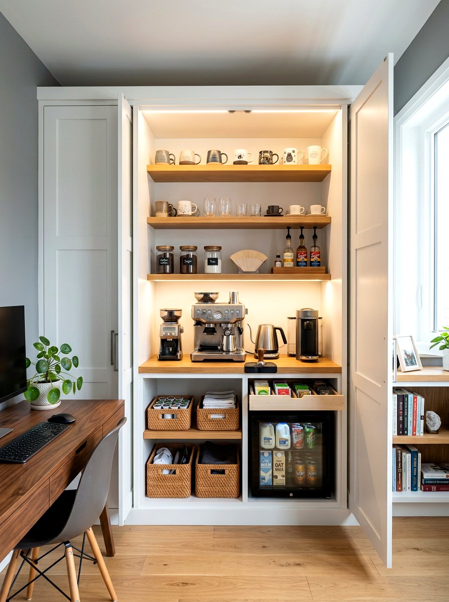 Hidden pantry office coffee station - 30 office coffee corner ideas