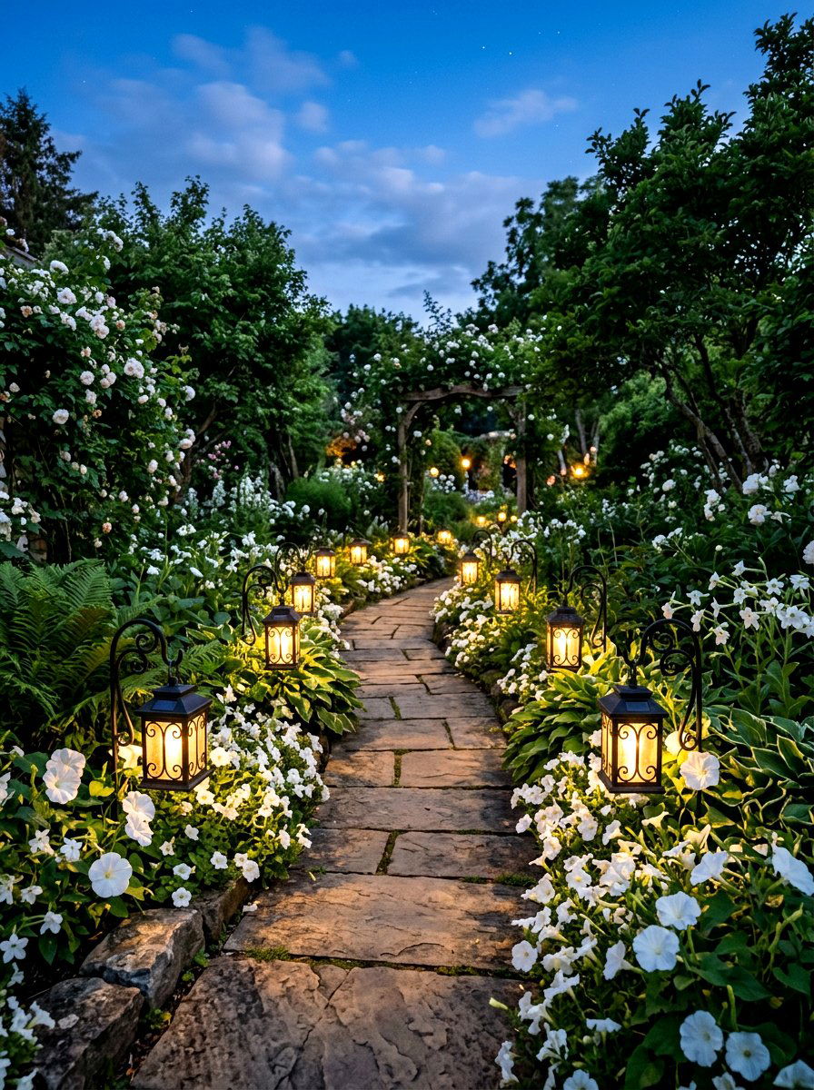 Hidden path with solar lanterns - 30 secret path garden ideas