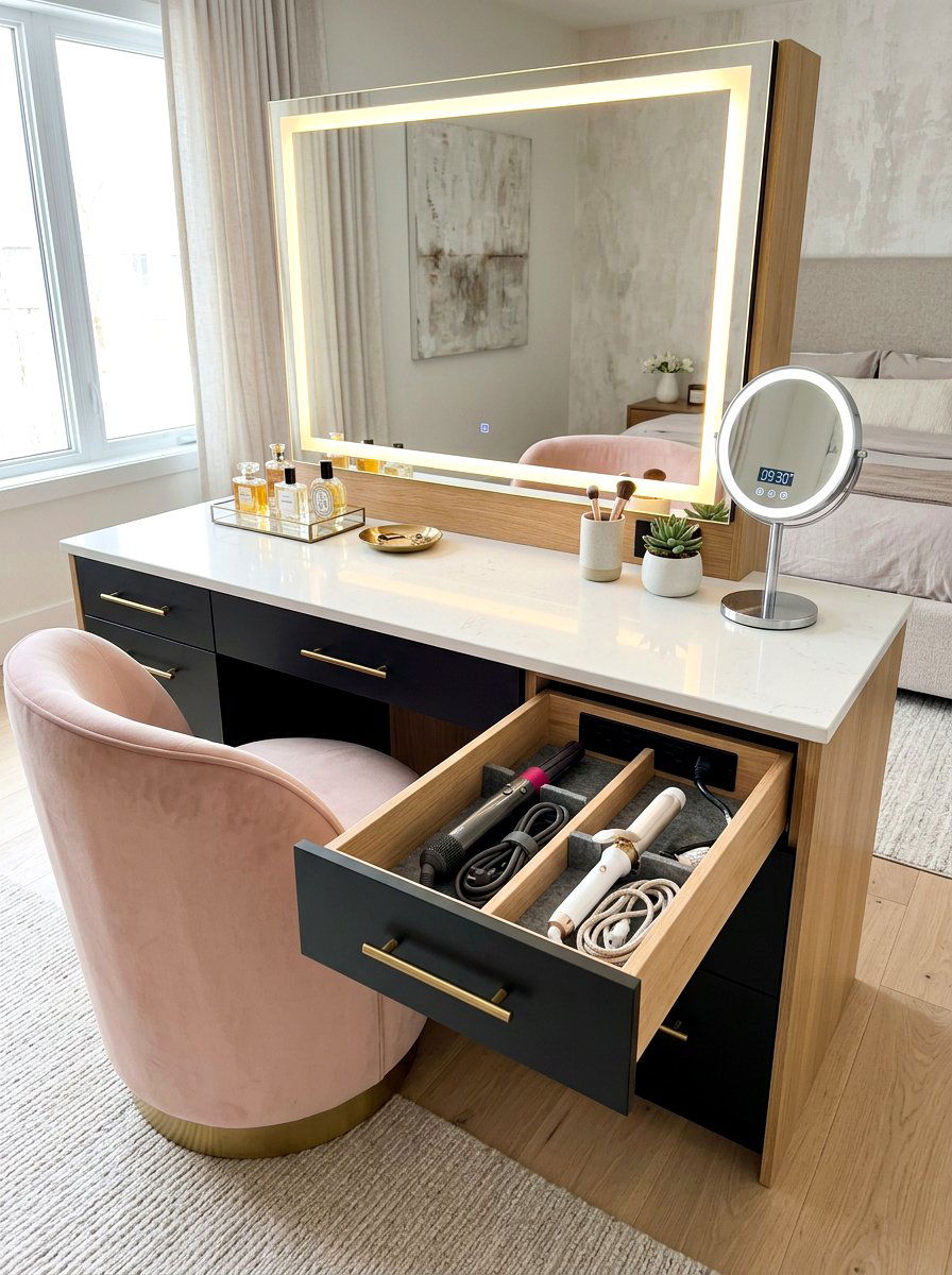Hidden power strip for hair tools - 30 vanity drawer organization ideas