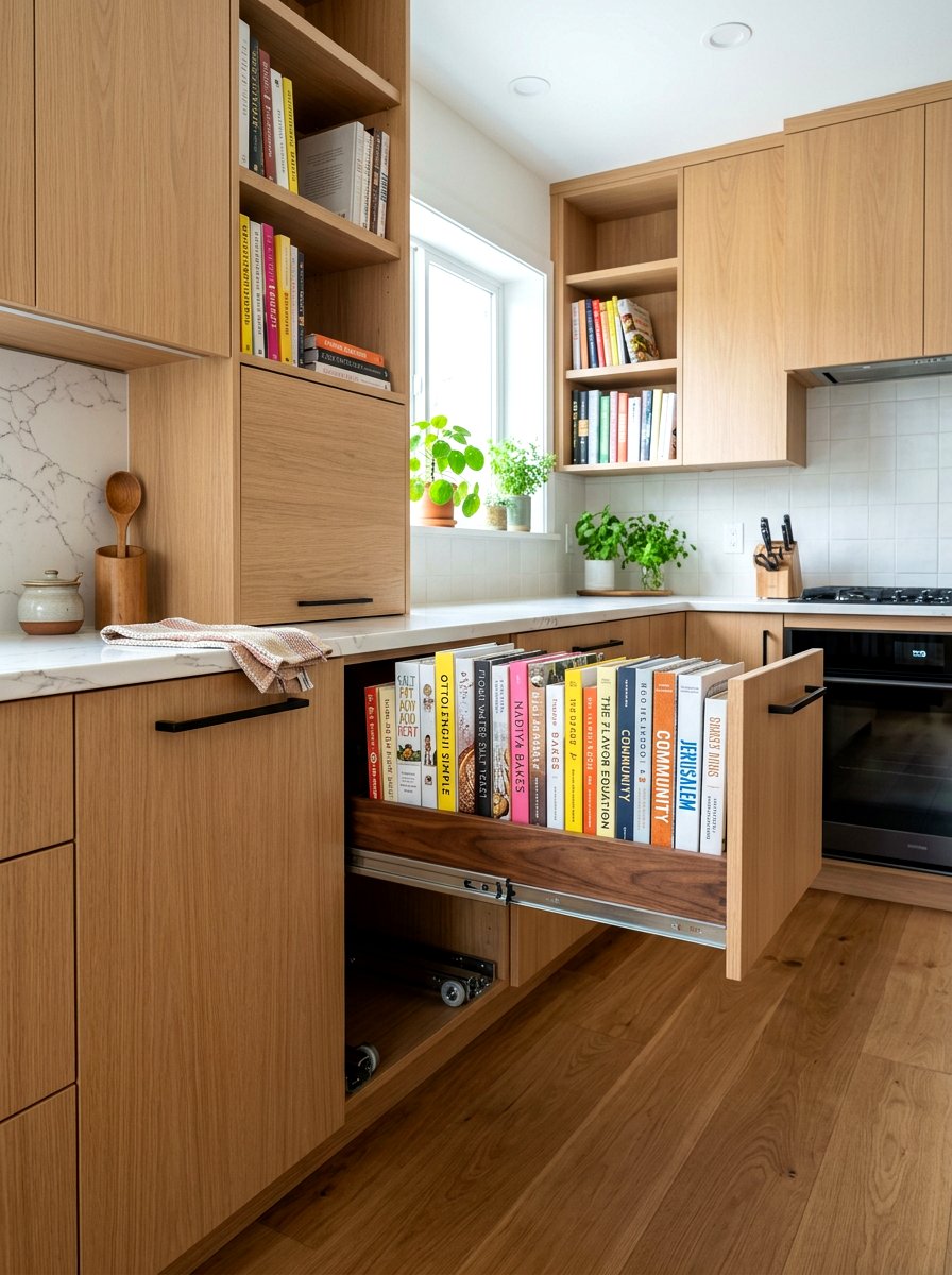 Hidden pull out shelf - 30 cookbook shelf kitchen ideas