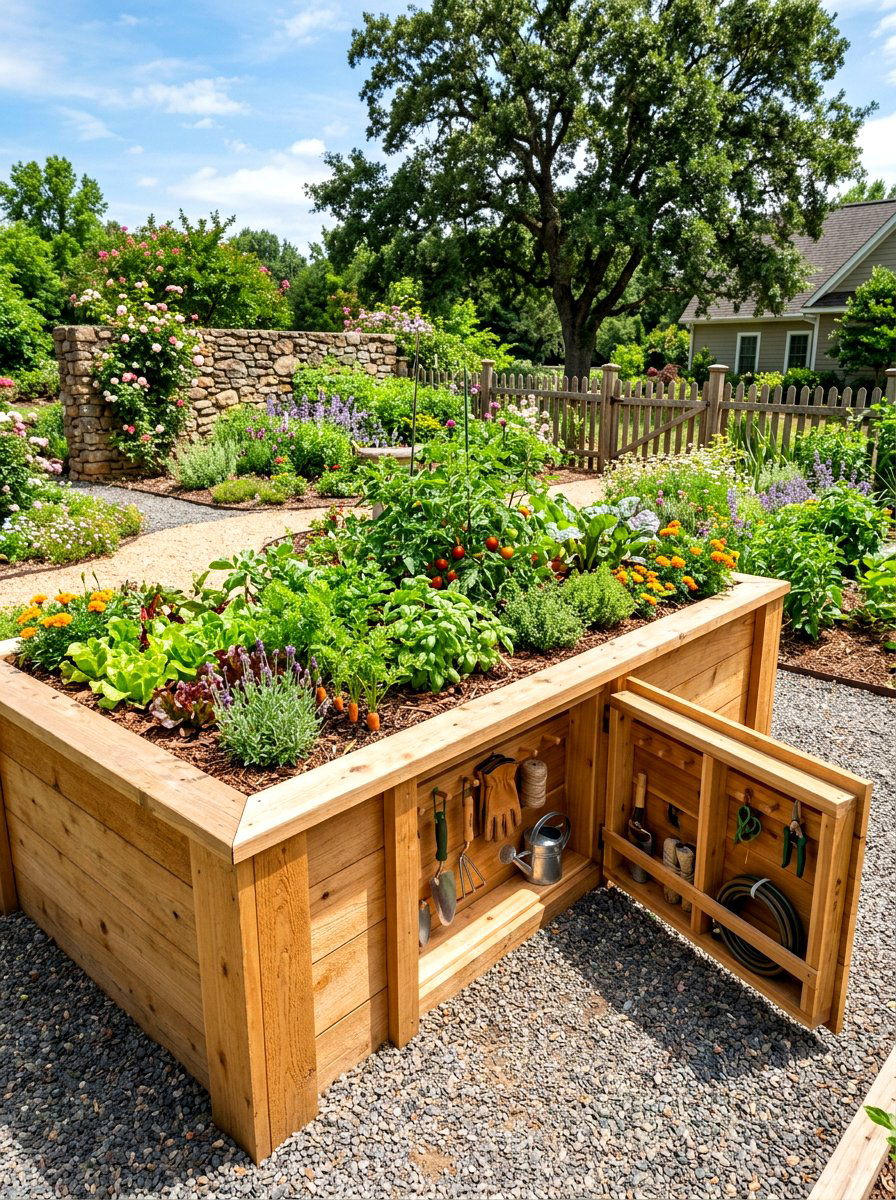 Hidden storage garden bed - 30 wood raised bed ideas