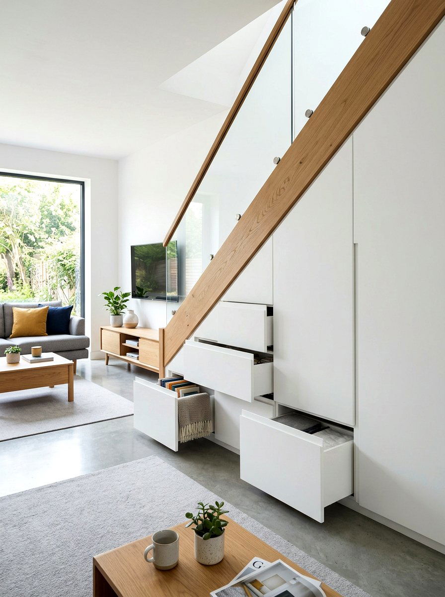 Hidden storage under living room steps - 30 split level living room ideas