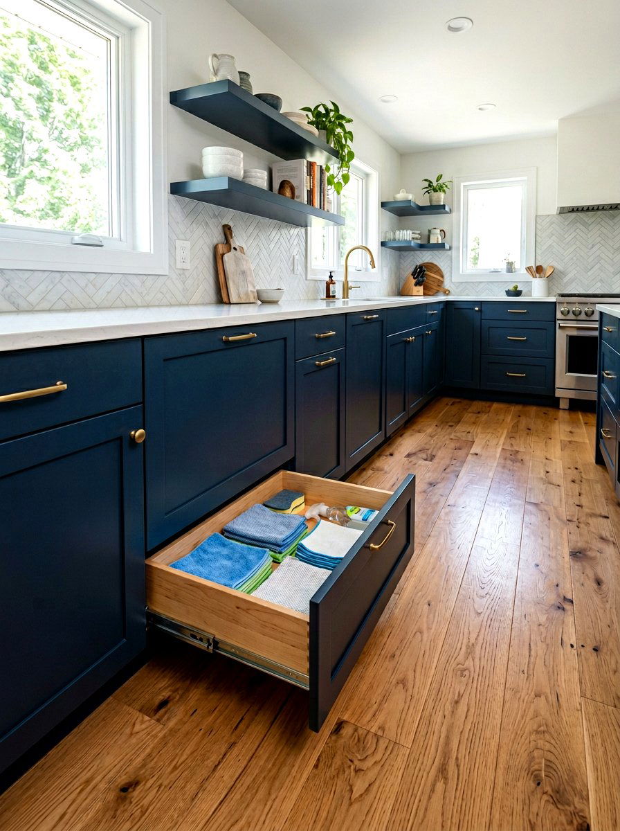 Hidden toe kick drawer - 30 cleaning supply storage ideas