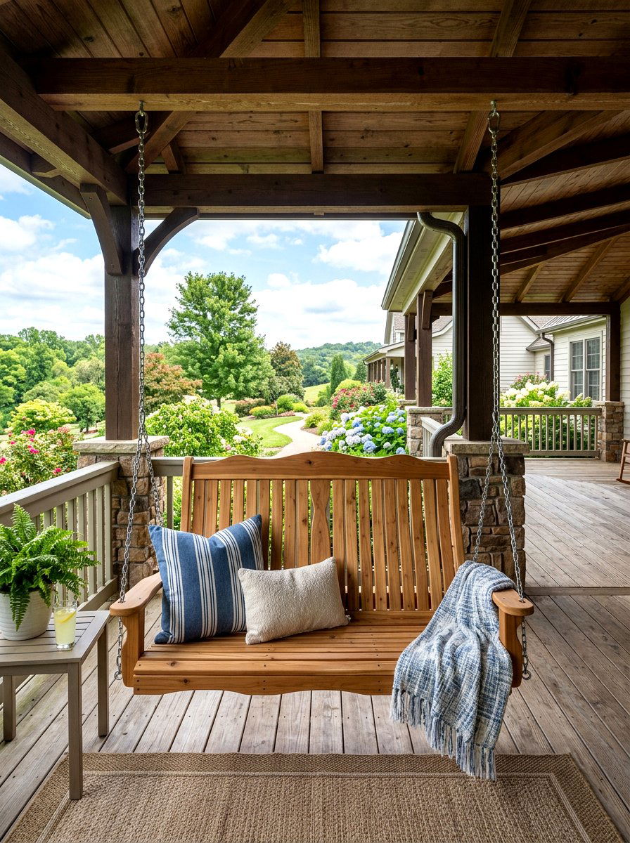 High Back Wooden Swing - 30 farmhouse porch swing ideas