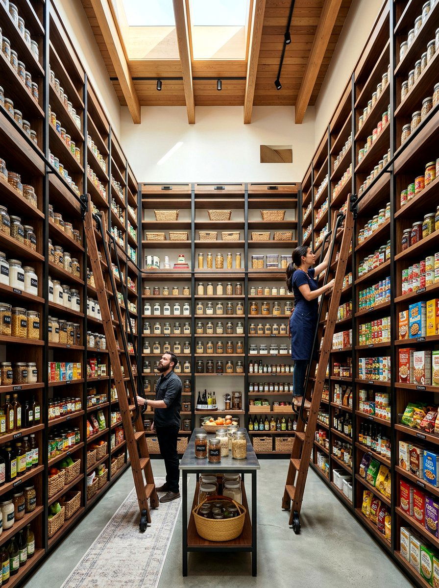 High Ceiling Pantry With Double Ladder - 30 pantry with library ladder ideas