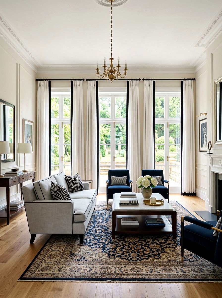High Contrast Border Curtains - 30 dramatic drapery living room ideas