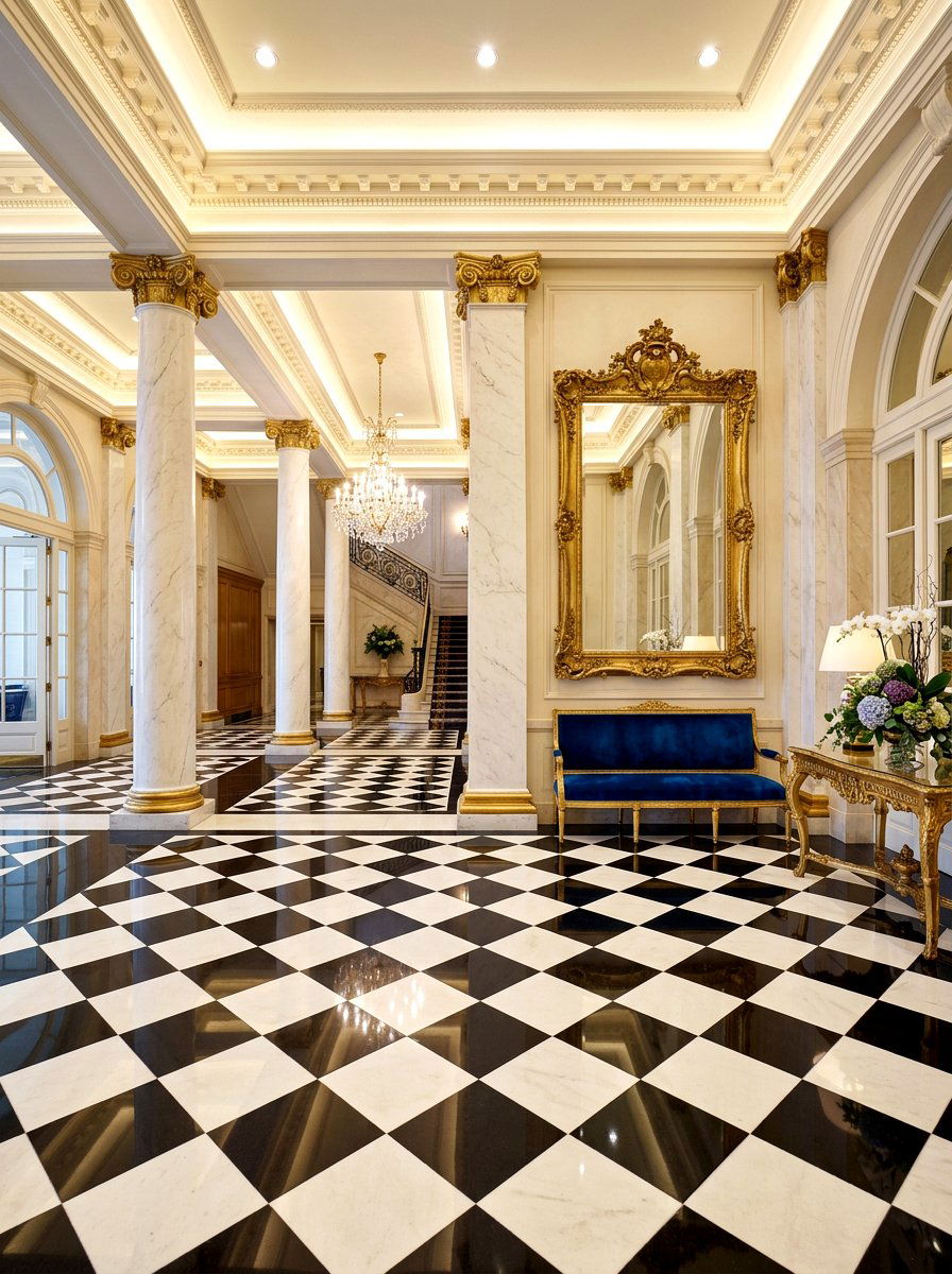 High Gloss Checkerboard Tile - 30 checkerboard floor ideas