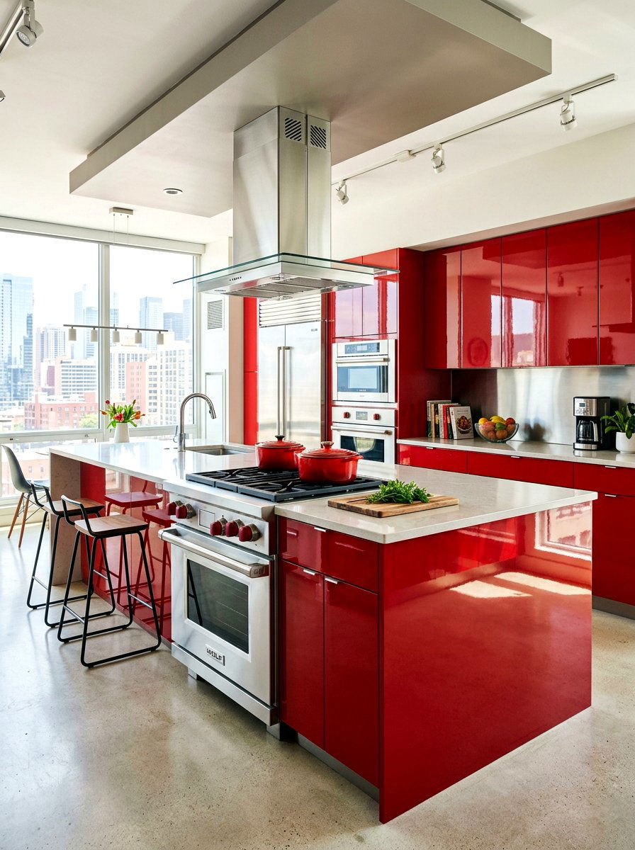 High Gloss Island With Integrated Range - 30 kitchen island with cooktop ideas